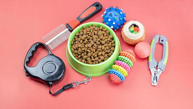 dry food with pets accessories on red background photo